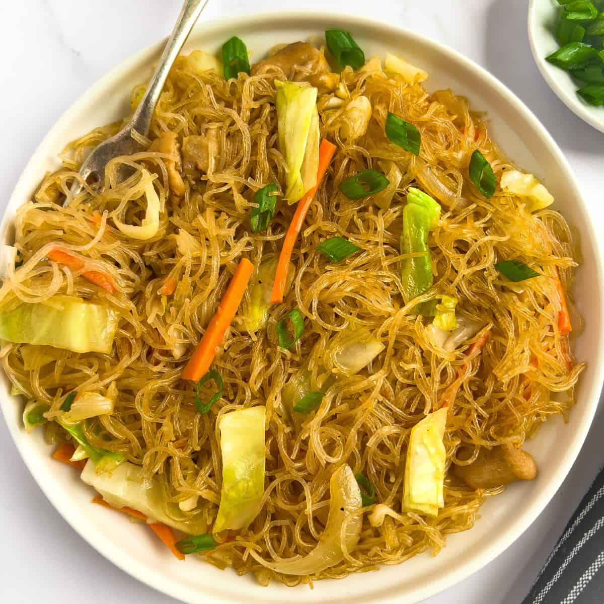 Finish dish of pancit bihon on a white plate.