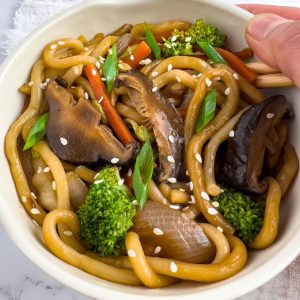Vegan udon noodles stir-fry in a bowl.