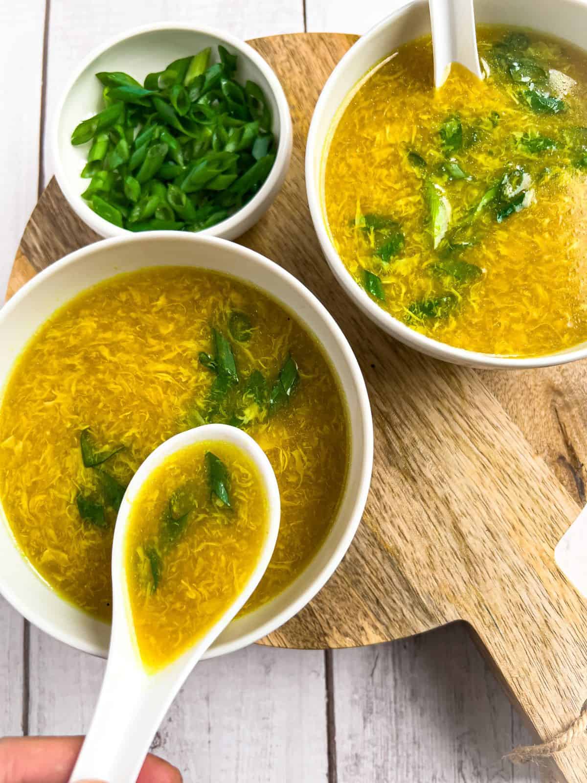 Egg drop soup in a bowl.