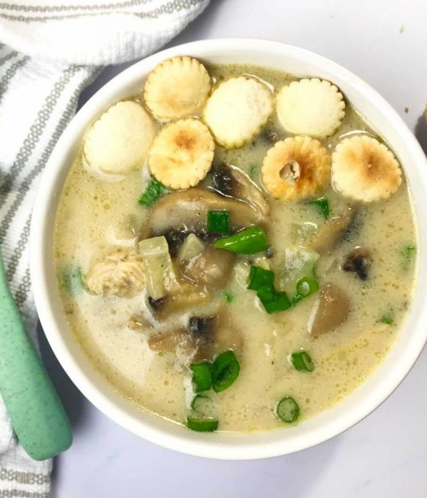 A bowl of hot Creamy Turkey Mushroom Soup