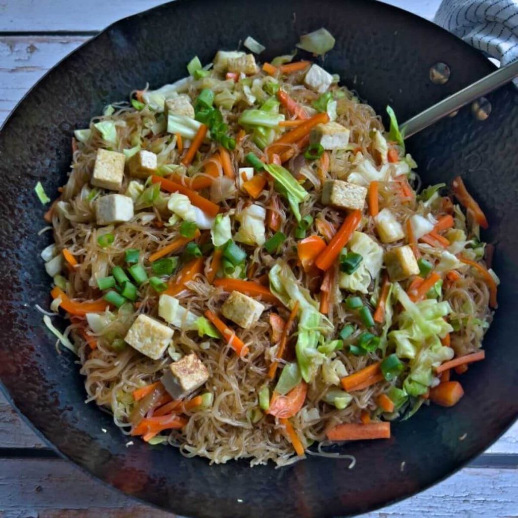 Filipino Vegan Pancit in a Wok
