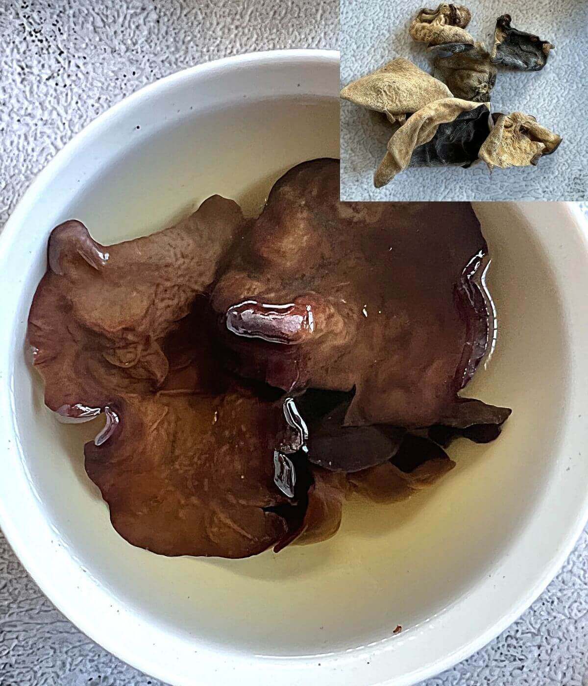 Soaking dried mushrooms.