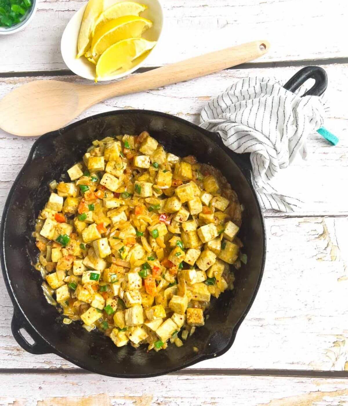 Sisig tofu in skillet.