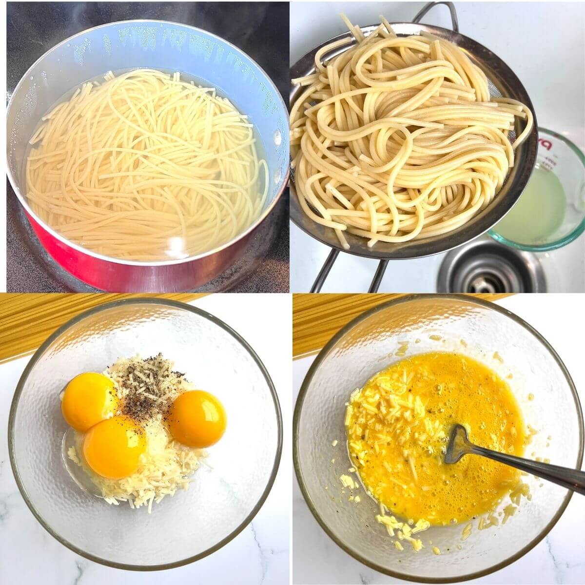 Step by step photo in cooking pasta and making sauce for the carbonara mushroom recipe.