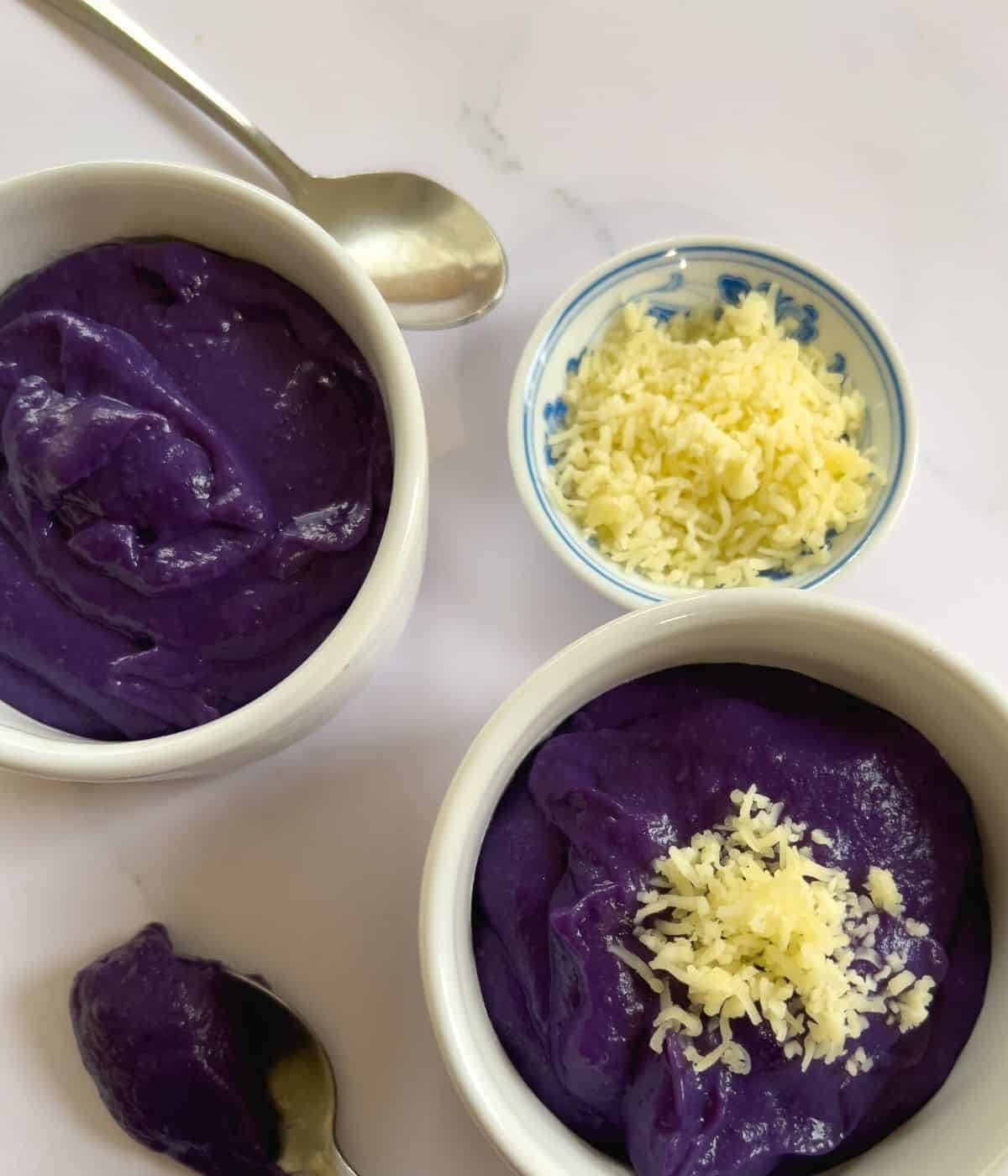 Ube halaya with cheese as toppings.