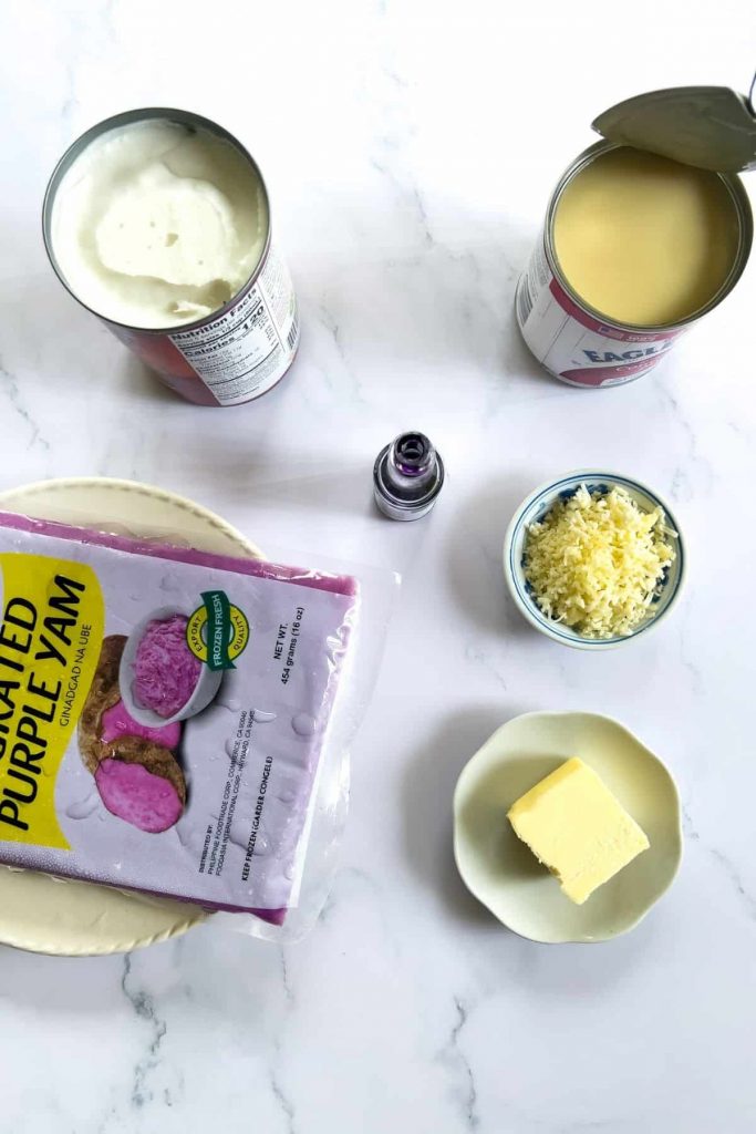Ingredients for ube halaya or ube jam.