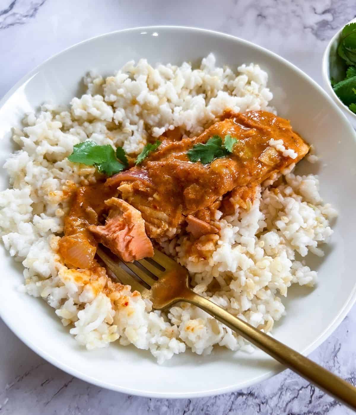 salmon Indian curry on table