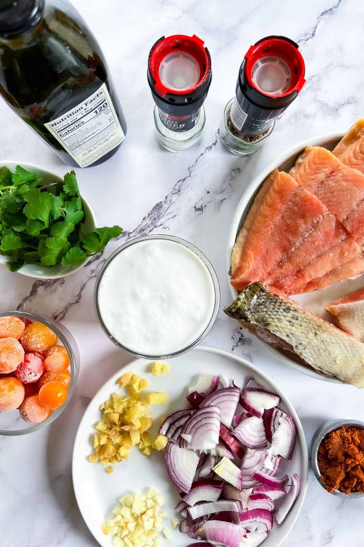 Ingredients for salmon indian curry.