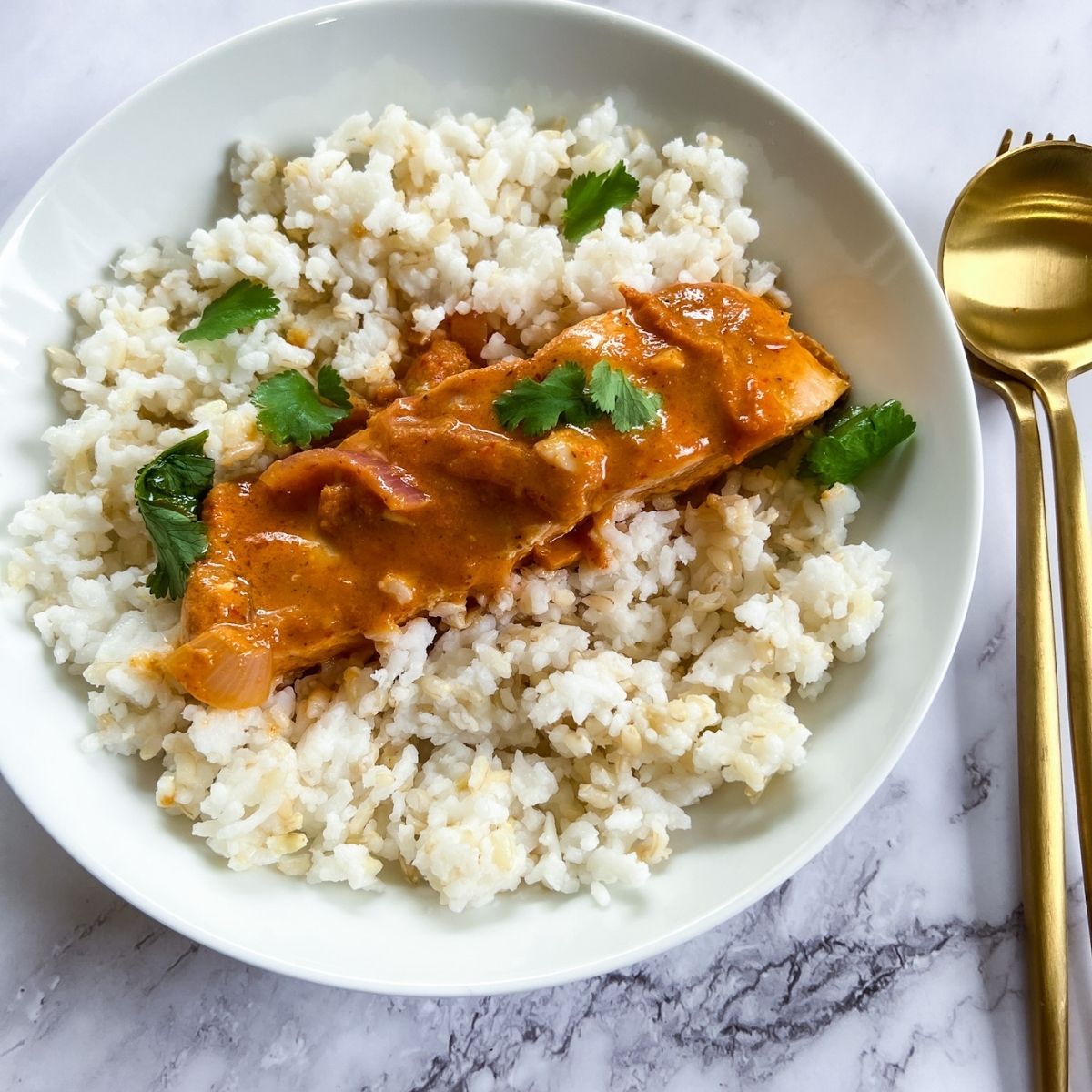 A plate of indian salmon curry.