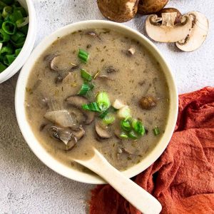 A bowl of vegan mushroom soup.
