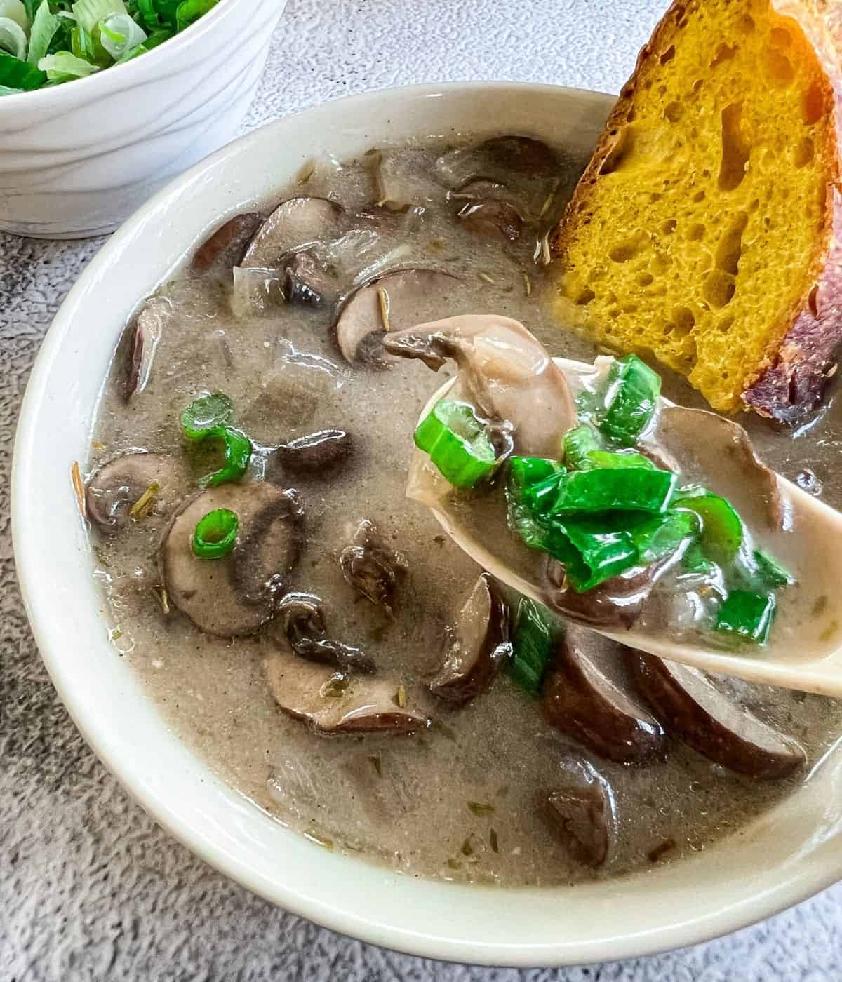 A spoonful soup with green onions.