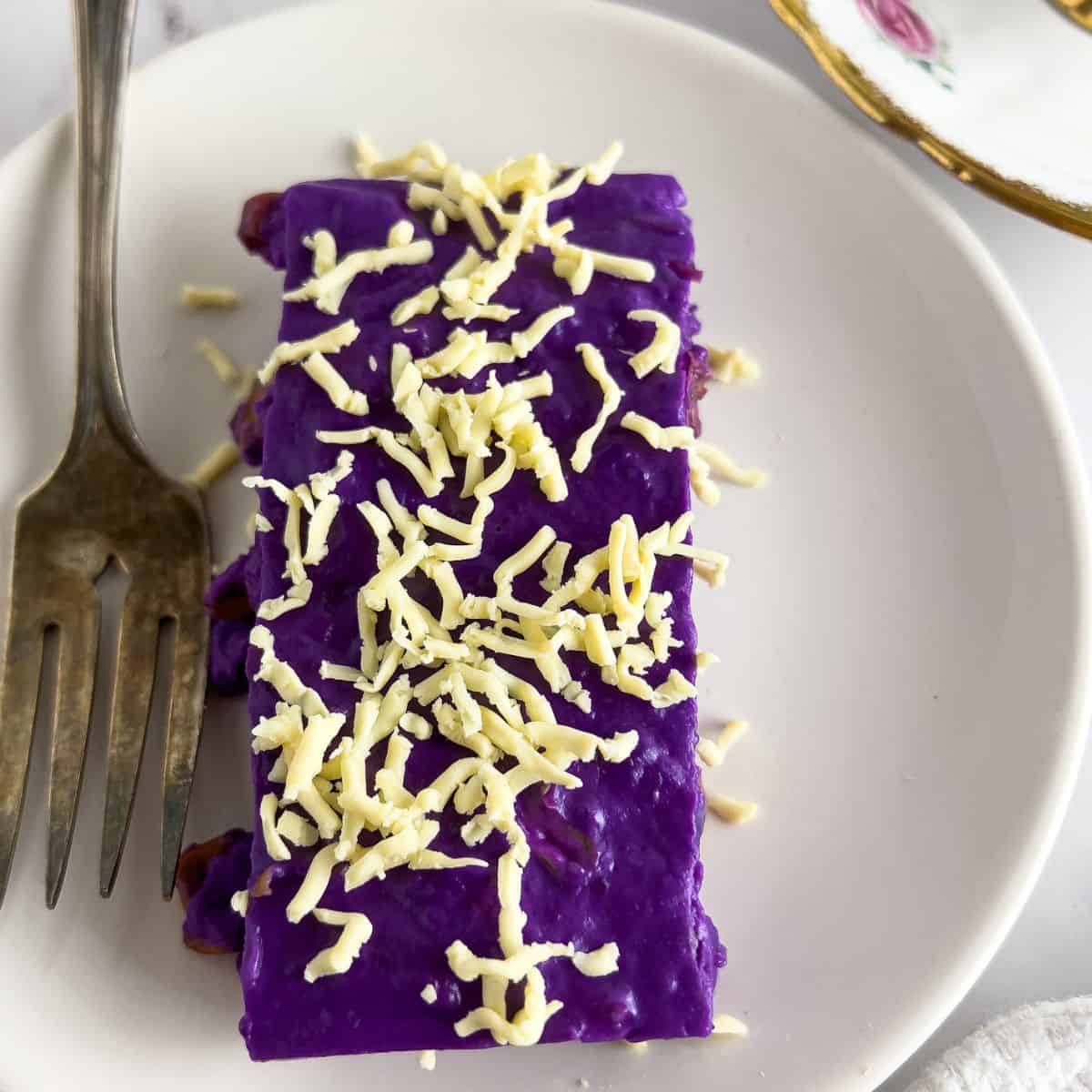 Finish dish of ube maja blanca. 