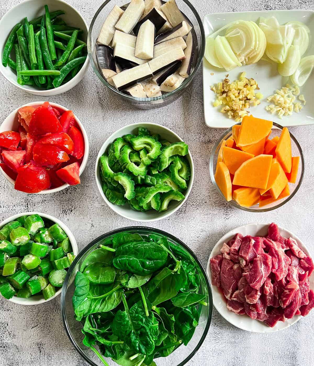 Main ingredients for pinakbet tagalog recipe.