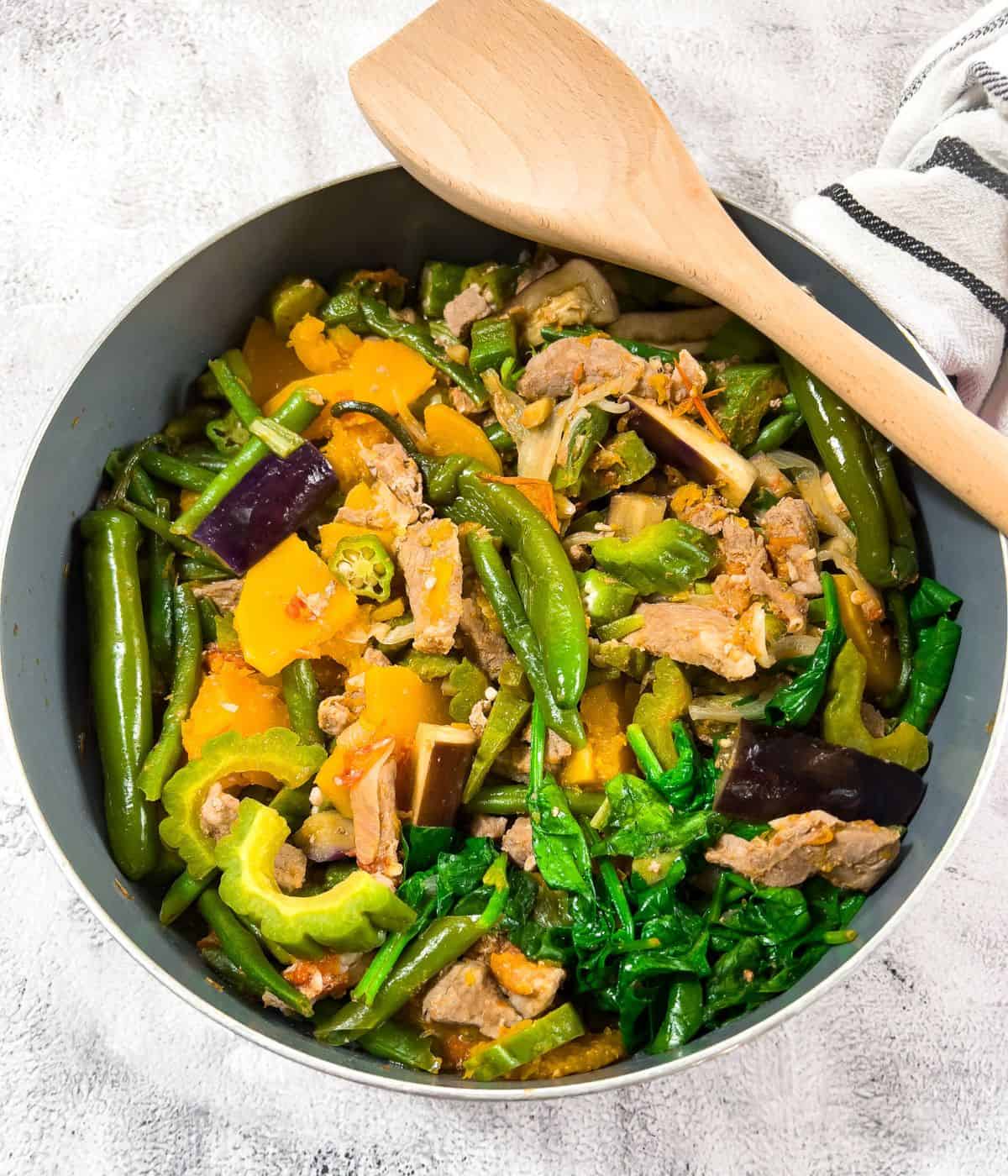 Cooked pinakbet tagalog in skillet..