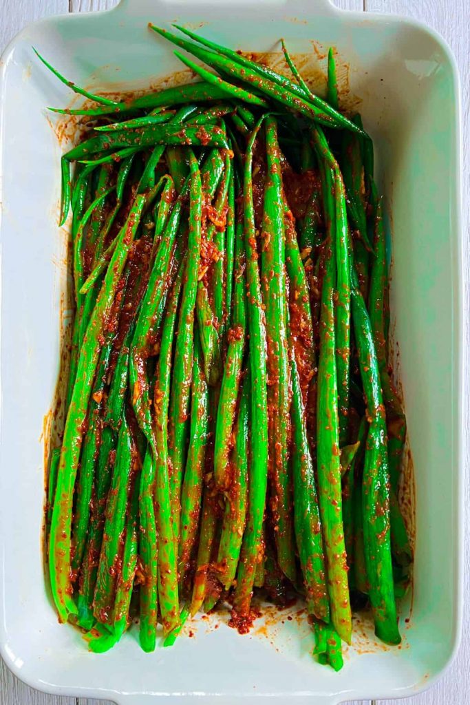 Finish dish of green onion kimchi in a dishpan.