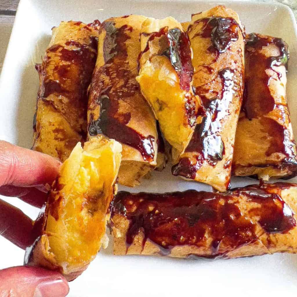 Sliced banana lumpia.