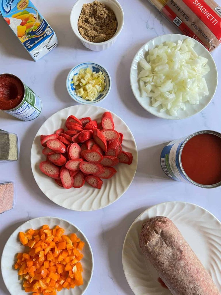 Ingredients for filipino style jollibee spaghetti.