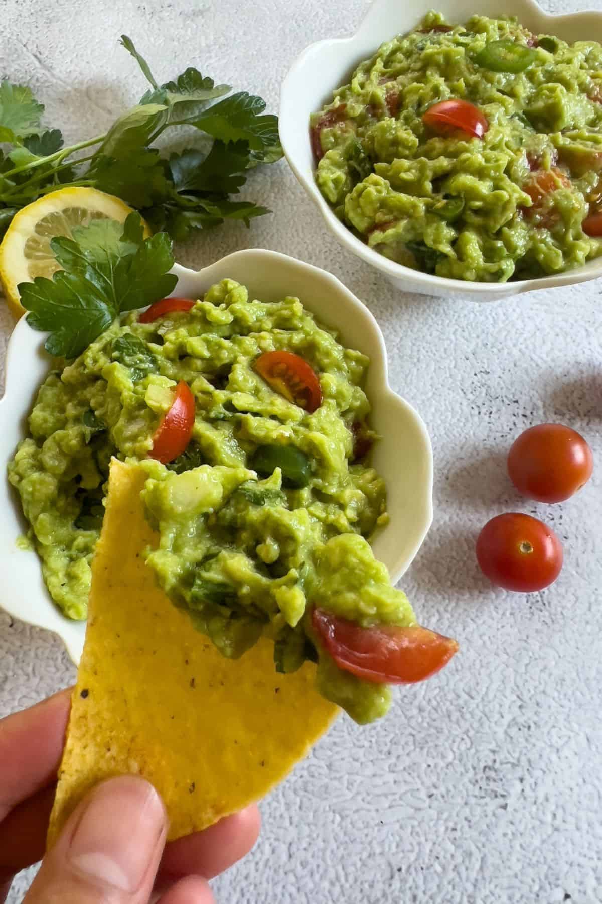 Guacamole and nacho dip.