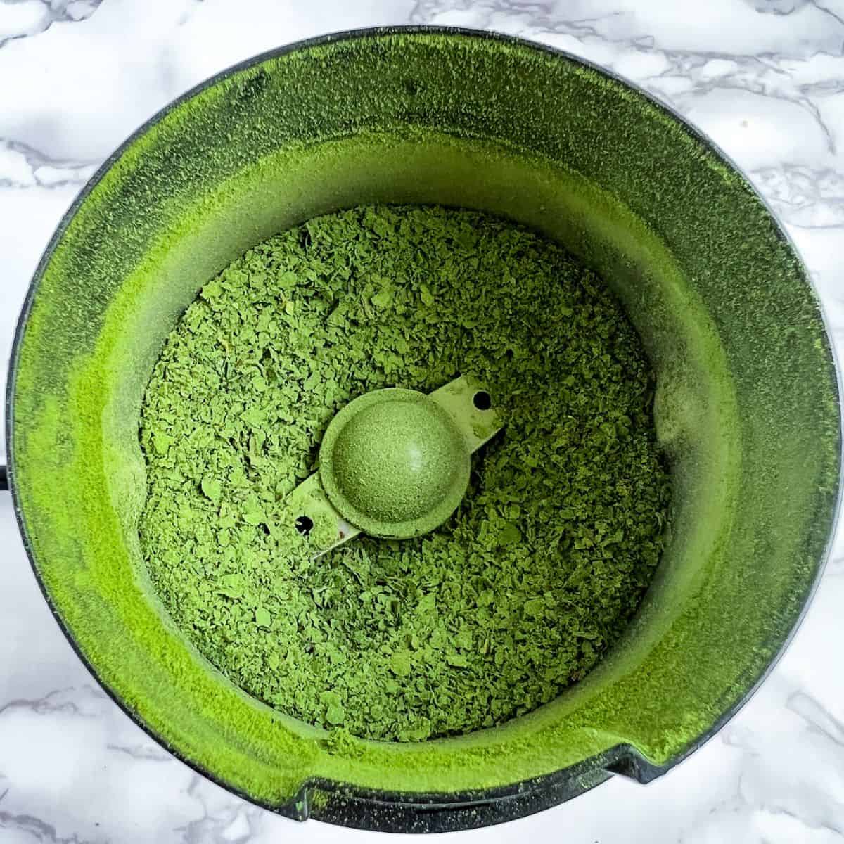 Swiss chard green powder in a food processor.