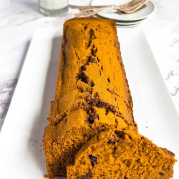 Finish dish of pumpkin chocolate chip and raisin bread.