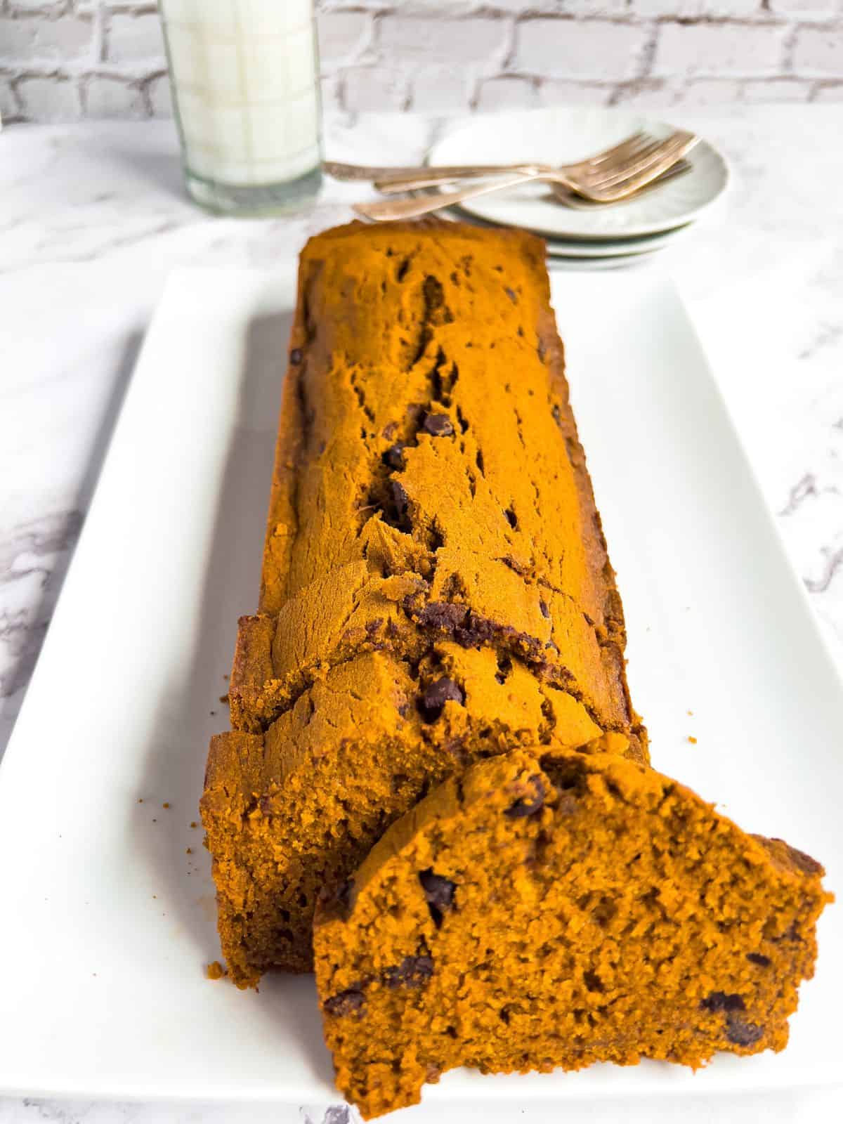 Finish dish of pumpkin chocolate chip and raisin bread.