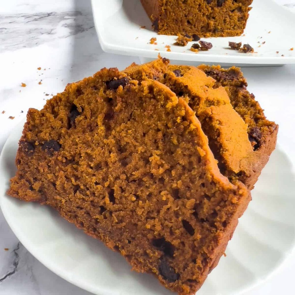 The best slice of pumpkin chocolate chip raisin bread.