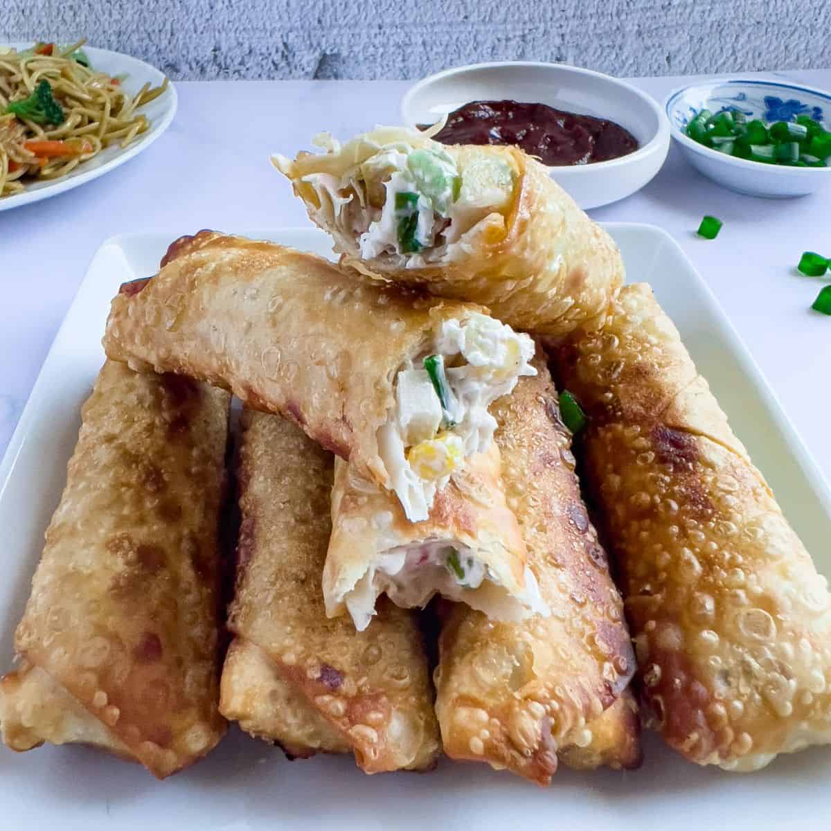 Finish dish of crab rangoon eggrolls.