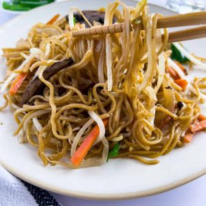 Finish dish of cantonese chow mein noodles on the table.