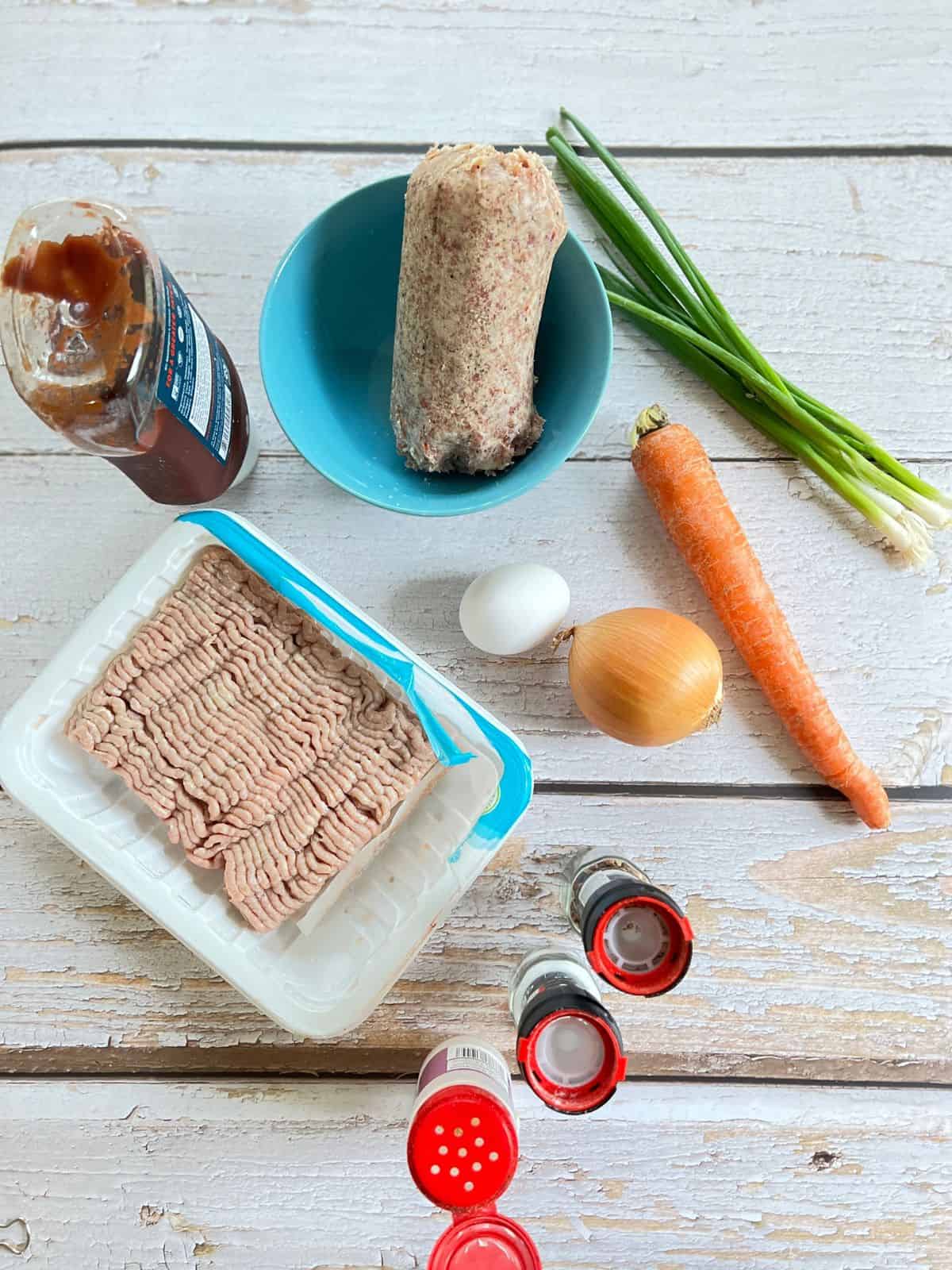 Ingredients for turkey and pork sausage meatballs.