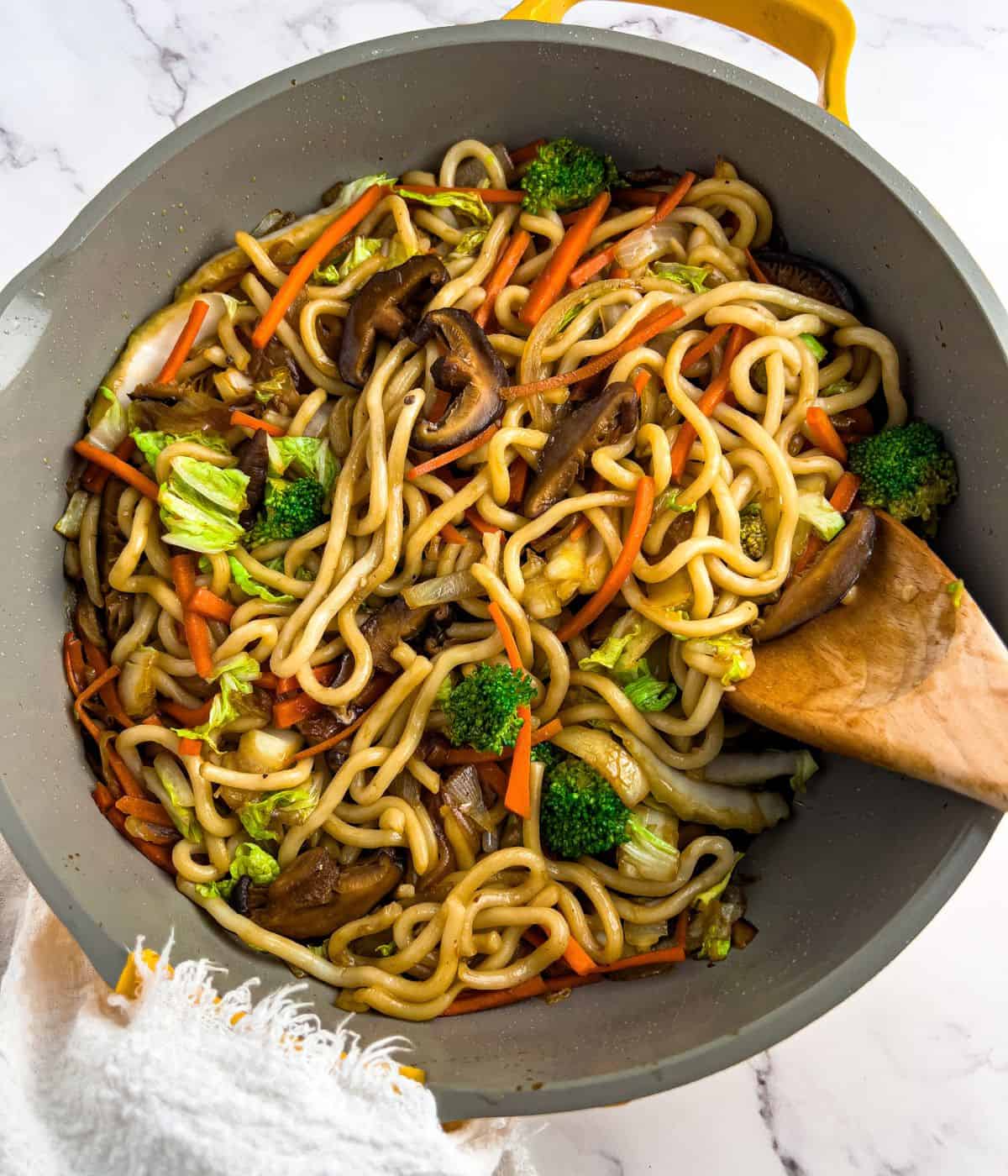Finish dish of vegan yaki udon noodles stir-fry.