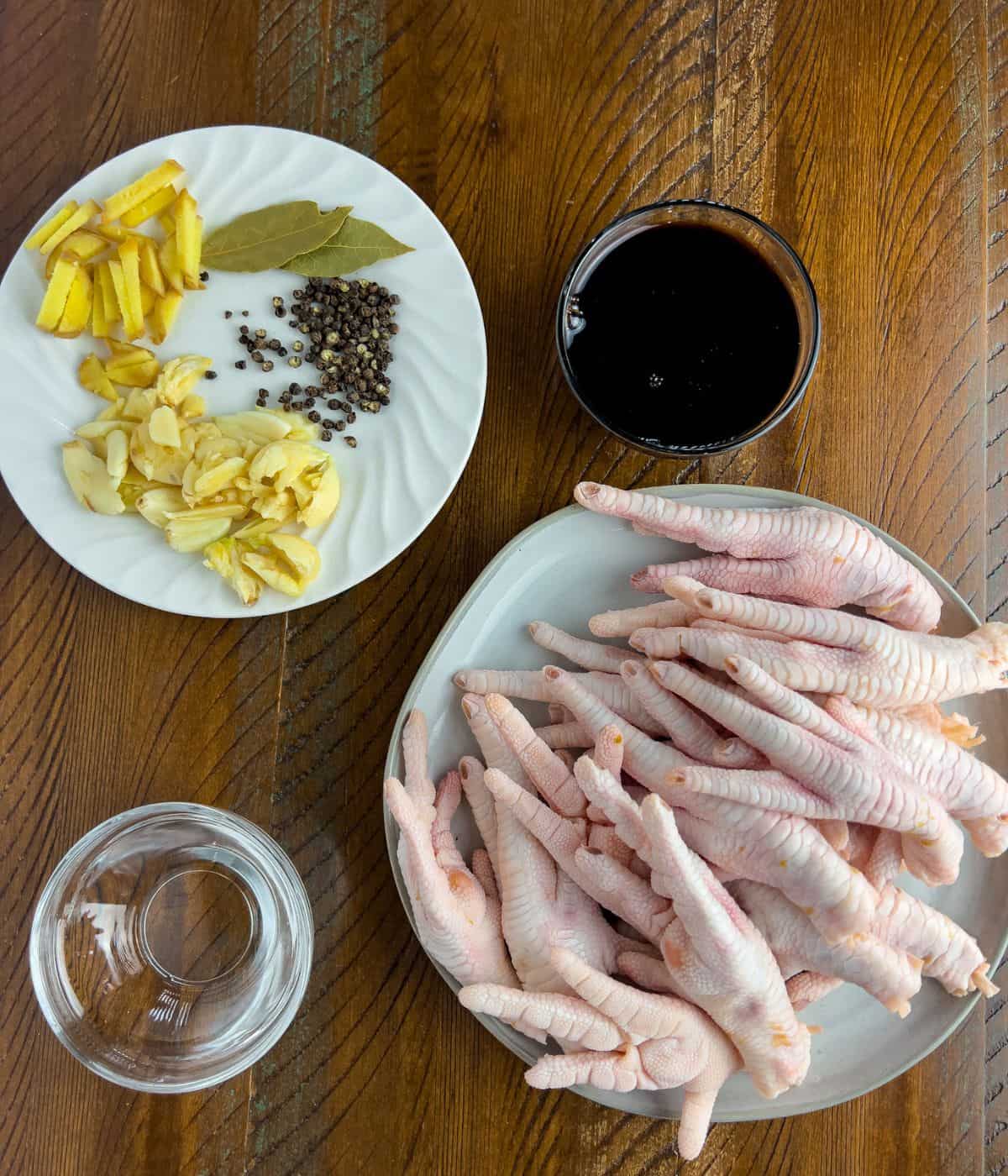 Ingredients for chicken feet adobo recipe.