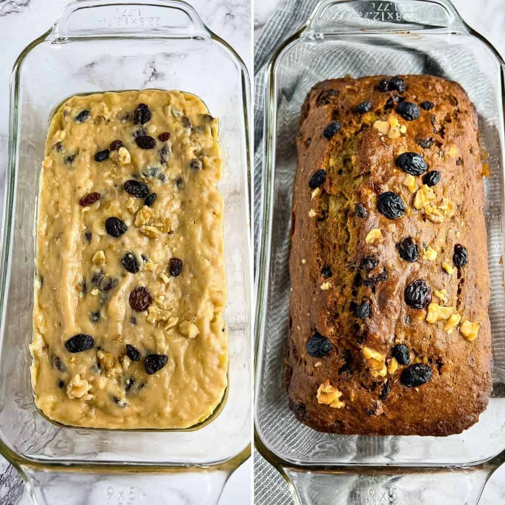 Unfinished and finish baked walnut raisin banana bread.