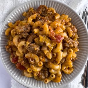 Finish dish of sausage goulash on a bowl.